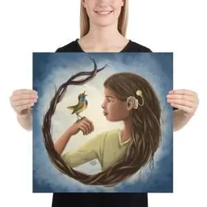 Girl with Cochlear Implant  and Singing Bird - Print
