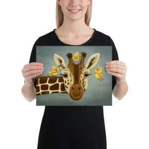 11x14 print Illustration of a giraffe getting its ears checked by three small birds, a whimsical audiology-inspired artwork.