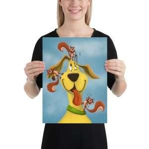 12x16 print Illustration of a dog getting its ears checked by three squirrels, a whimsical audiology-inspired artwork.