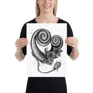 12x16 art print of Cochlea and cochlear implant whimsical line drawing