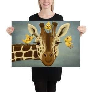 20x30 print Illustration of a giraffe getting its ears checked by three small birds, a whimsical audiology-inspired artwork.