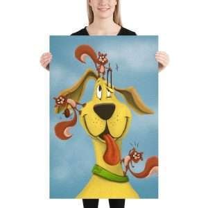 24x36 print Illustration of a dog getting its ears checked by three squirrels, a whimsical audiology-inspired artwork.