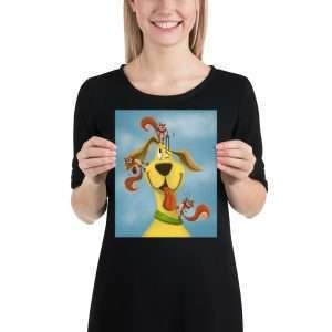 8x10 print Illustration of a dog getting its ears checked by three squirrels, a whimsical audiology-inspired artwork.