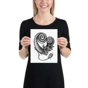 8x10 print of a Whimsical black-and-white cochlear implant and cochlea illustratioN