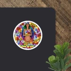 Colorful pride-themed illustration of a woman surrounded by flowers.