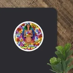 Colorful pride-themed illustration of a woman surrounded by flowers.