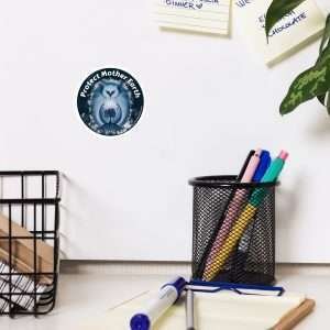 Owl with hands wrapped around a tree inside its body, titled “Protect Mother Earth.”