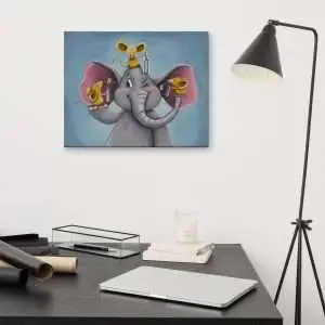 Elephant getting a hearing check from three mice with hearing tools – canvas wall art