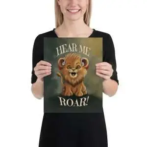Whimsical lion portrait with hearing aids and Hear Me Roar integrated into design