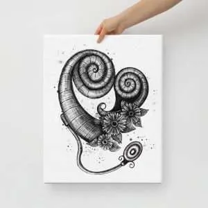 16x20 canvas art of a playful cochlear implant and cochlea illustration in black and white, perfect for audiologists and hearing advocates.