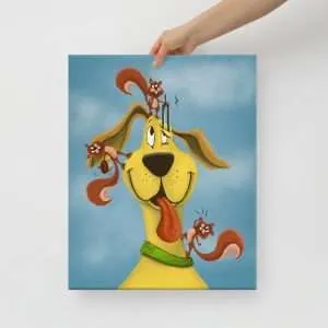 16x20 canvas art featuring a dog getting its ears checked by squirrels with audiology tools—charming hearing health illustration.