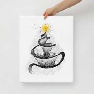 Detailed cochlear spiral illustration with leaves and flowers on large canvas