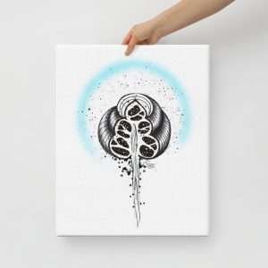 Large canvas print of a cochlear spiral flower with blue glow, drawn in pencil