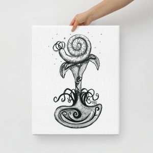 Large whimsical pencil drawing of inner ear on 16x20 stretched canvas