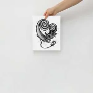 8x10 canvas print featuring a whimsical black-and-white sketch of a cochlear implant and cochlea, celebrating hearing and cochlear technology