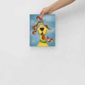 8x10 canvas print of a whimsical dog hearing check scene with squirrels using audiology tools—playful animal audiology art.