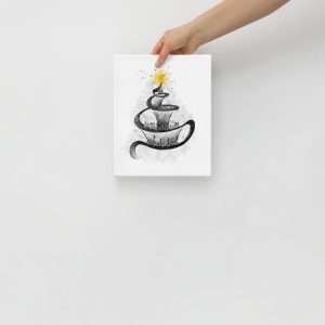 Black-and-white canvas print of a cochlear spiral with floral design