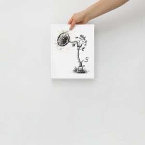 Pencil illustration of eardrum and ear bones forming a plant, on 8x10 canvas