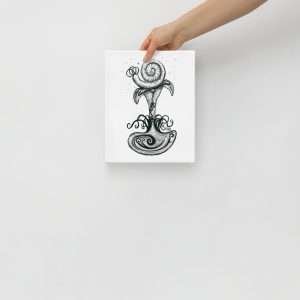 Black and white whimsical drawing of the inner ear on 8x10 canvas