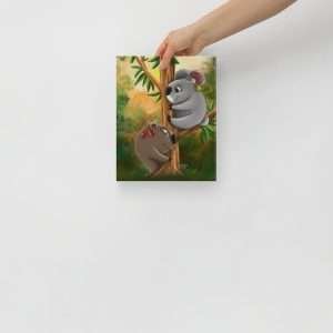 Cartoon wombat with cochlear implant and koala with hearing aid under a tree – 8x10 canvas print