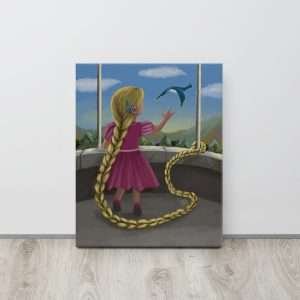 Rapunzel with cochlear implant canvas print displayed on the floor against a wall, colorful inclusive art