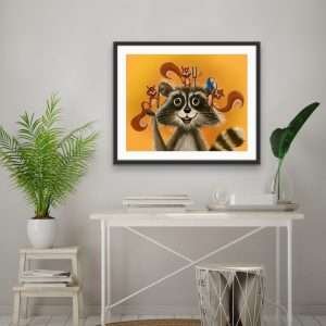 Raccoon hearing test art print in a clinic waiting room décor setup